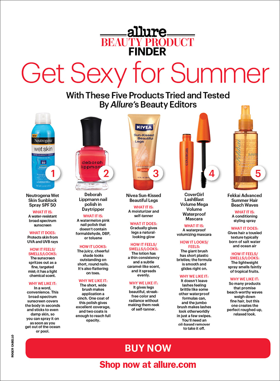 Allure Beauty Product Finder promo "Get Sexy for Summer" with five numbered products.