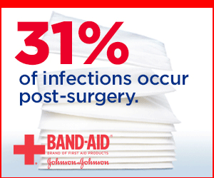 A Band-Aid Brand display banner: the headline 31% of infections occur post-surgery set over a stack of white surgical dressings, with the Band-Aid Brand and Johnson & Johnson logos beneath.