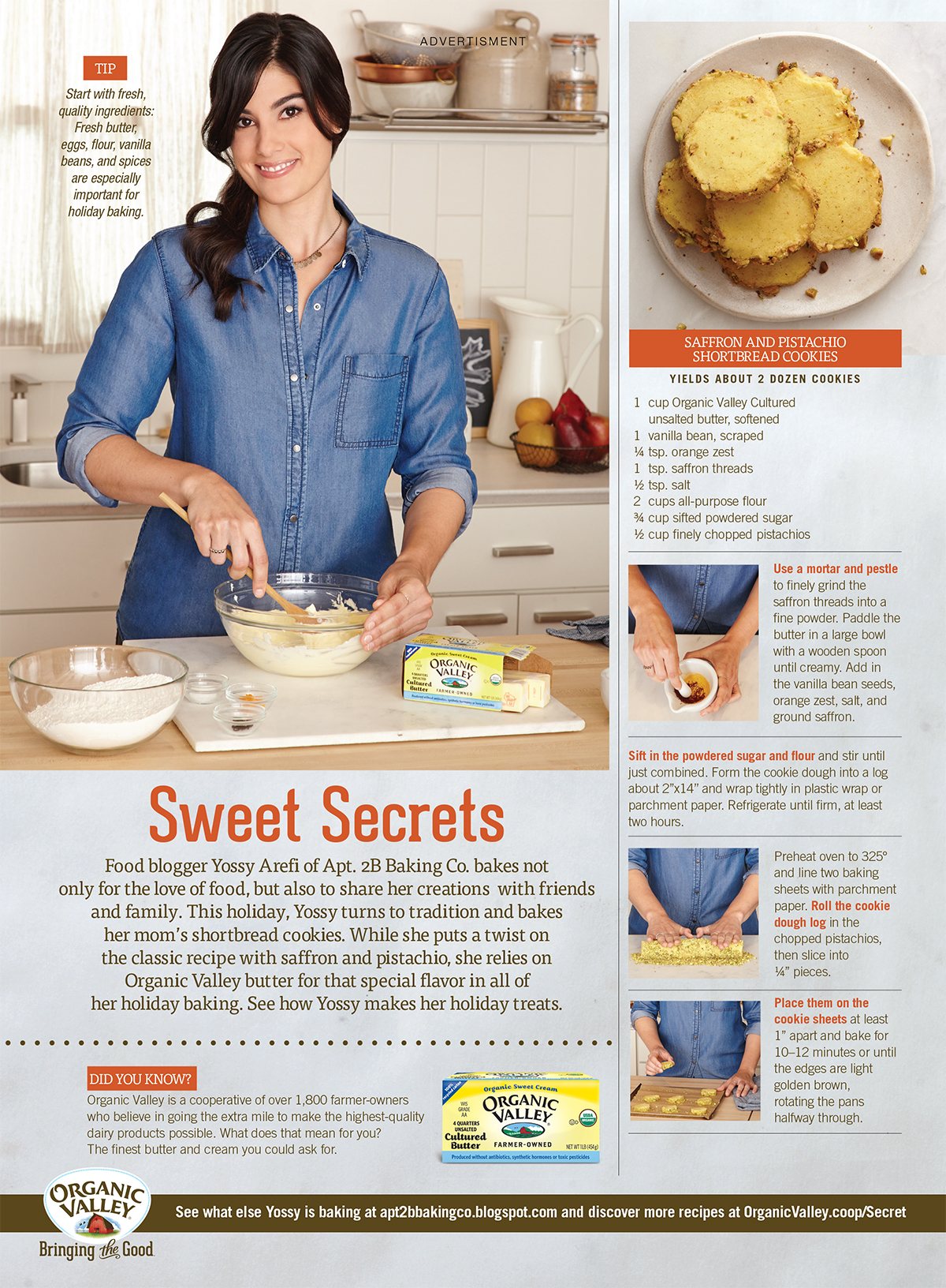 "Sweet Secrets" Organic Valley advertorial: a baker creaming butter, shortbread recipe alongside.