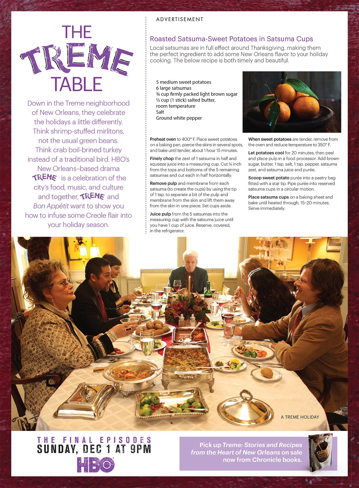 "The Treme Table" HBO advertorial: a satsuma sweet-potato recipe above a holiday dinner scene.