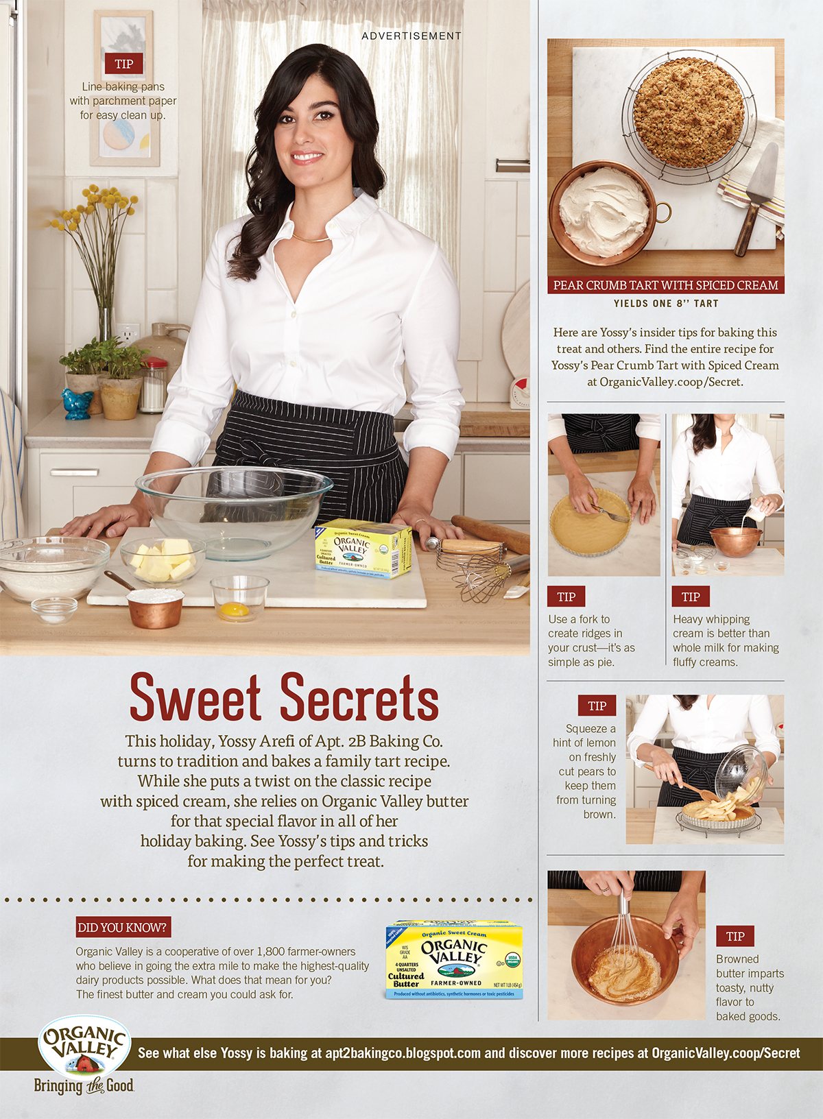 "Sweet Secrets" Organic Valley advertorial: a baker at a work surface, pear crumb tart step photos.