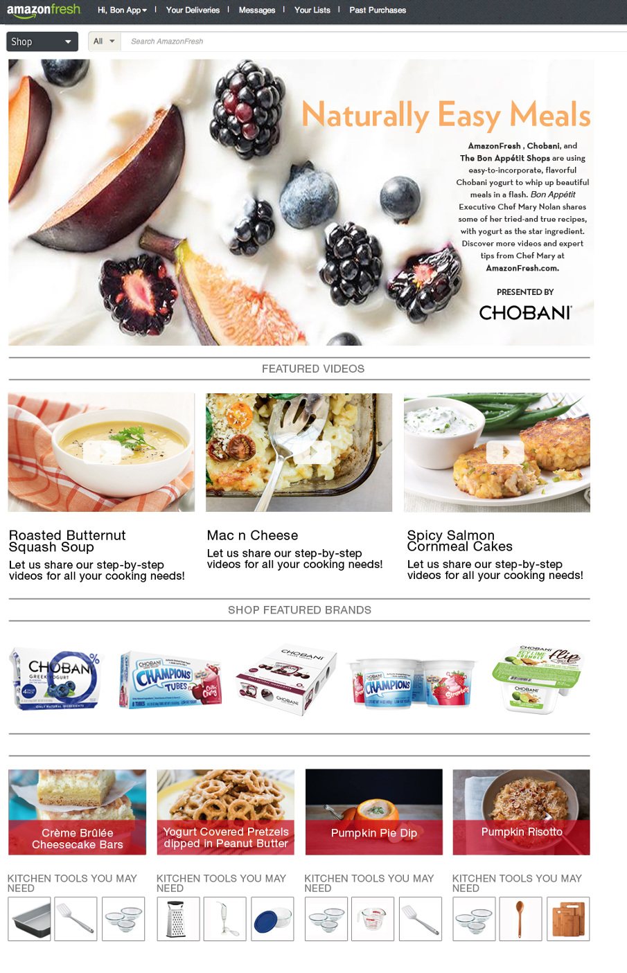 AmazonFresh storefront design: "Naturally Easy Meals" hero over recipe videos and Chobani products.