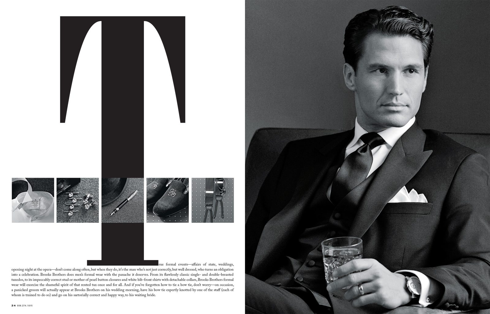 Formalwear spread: a drop-cap T over five accessory details, facing a man in black tie.