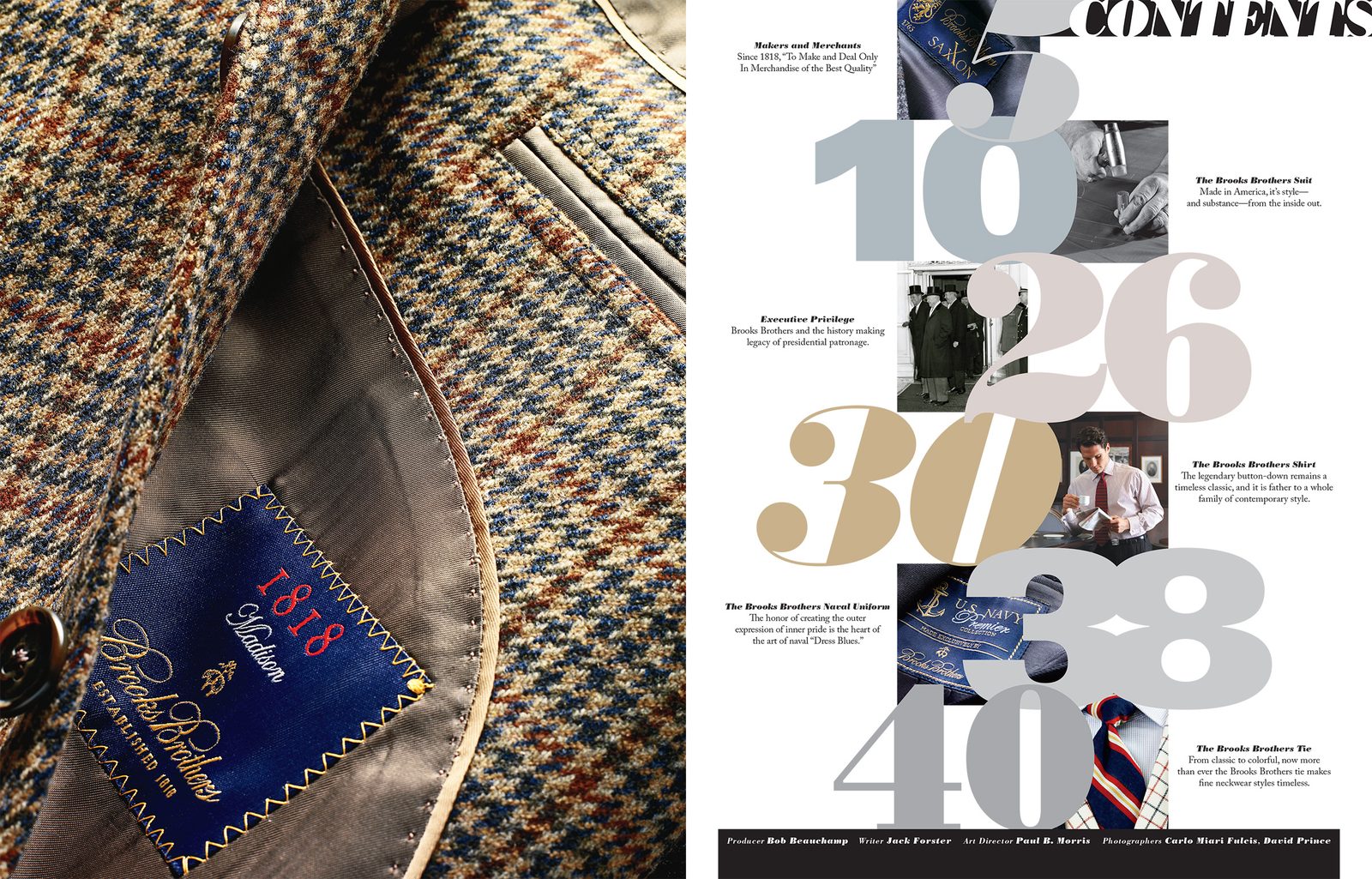 Contents spread: a tweed jacket's 1818 label facing five feature numbers set in grey and gold.
