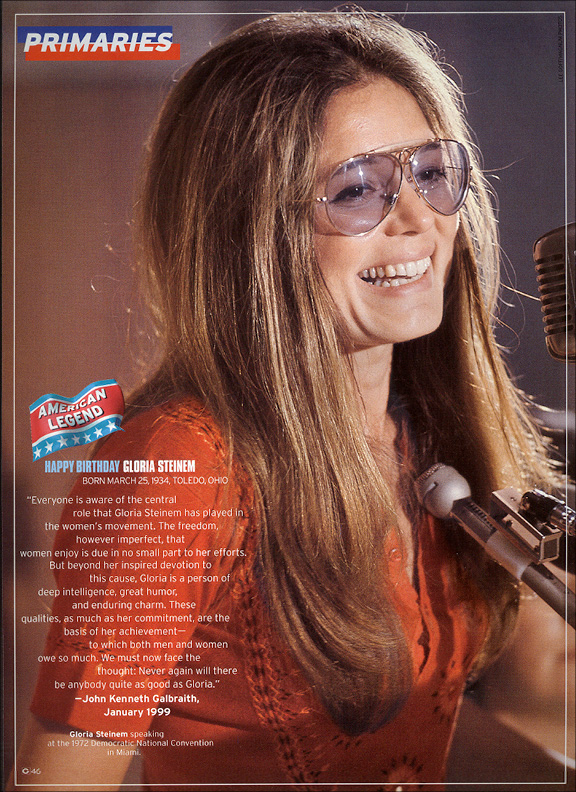 Primaries page: Gloria Steinem at a microphone in 1972, birthday tribute set around her.
