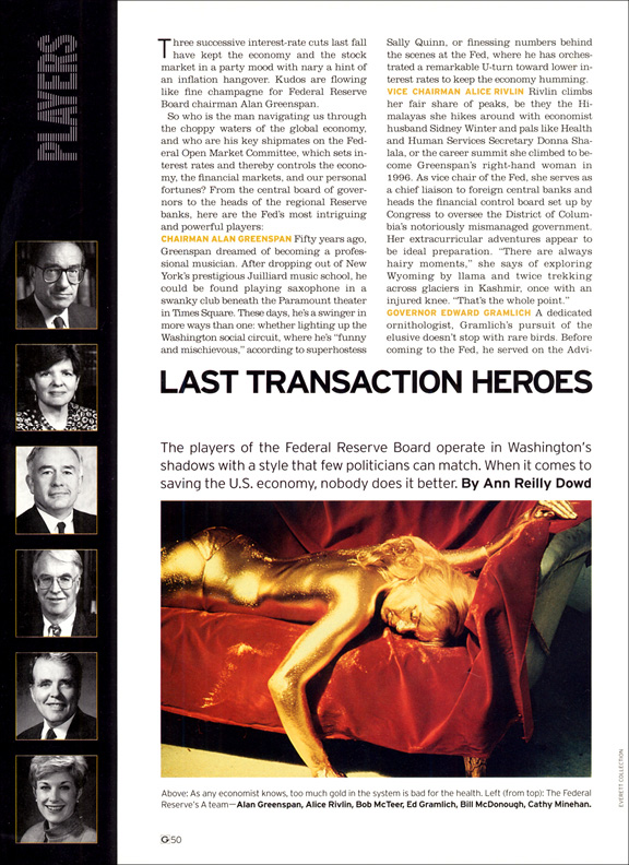 "Last Transaction Heroes": a column of six Federal Reserve portraits beside a gilded figure.
