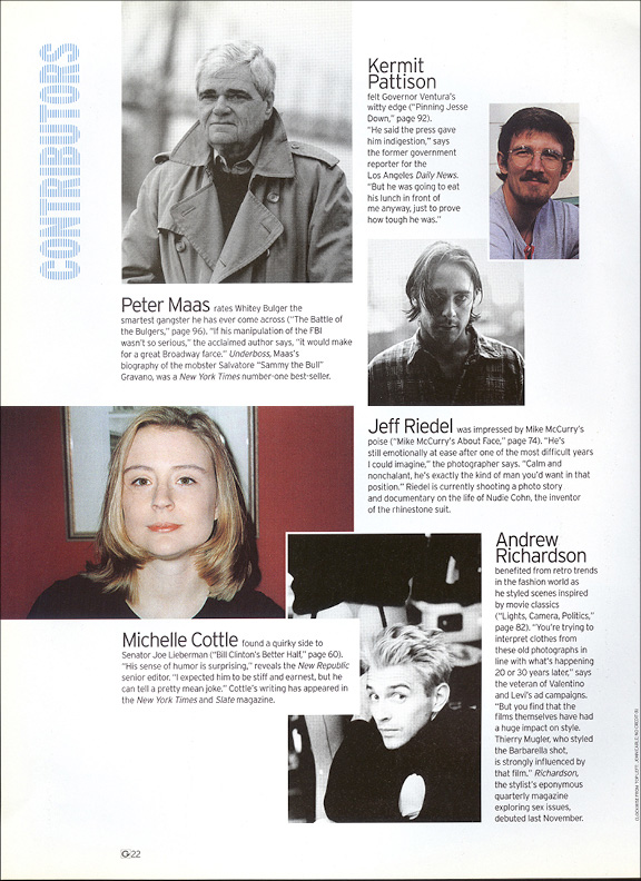 Contributors page: five writer and photographer portraits with capsule biographies.