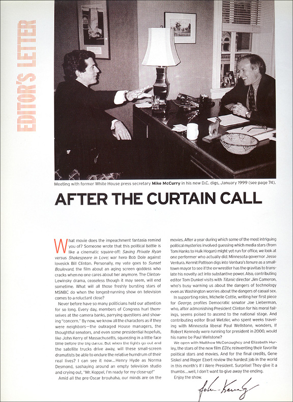 Editor's Letter "After the Curtain Call": JFK Jr. meeting Mike McCurry in a Washington office.