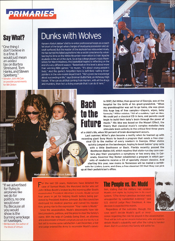 Primaries page: Kareem Abdul-Jabbar coaching, plus items on classical music and Dr. Mudd.