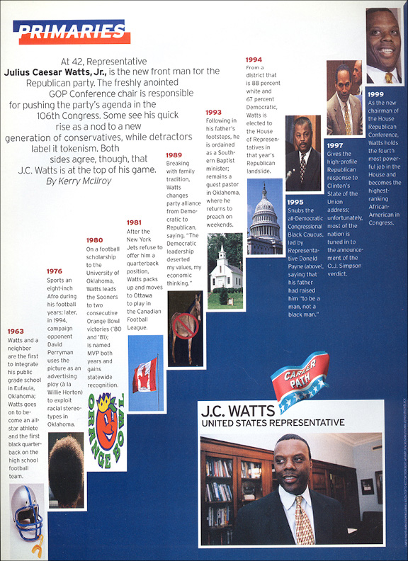 J.C. Watts career-path page: a timeline of photographs from 1963 to 1999 on blue.