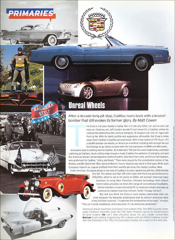 "Unreal Wheels" Cadillac page: a collage of Cadillacs from the 1950s to the Evoq concept.