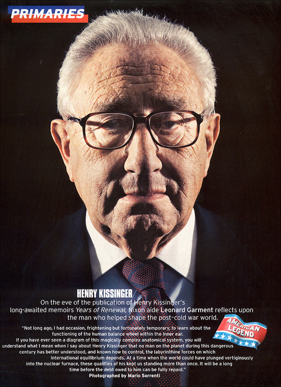 Primaries page: Henry Kissinger portrait in close-up, "American Legend" flash at lower right.