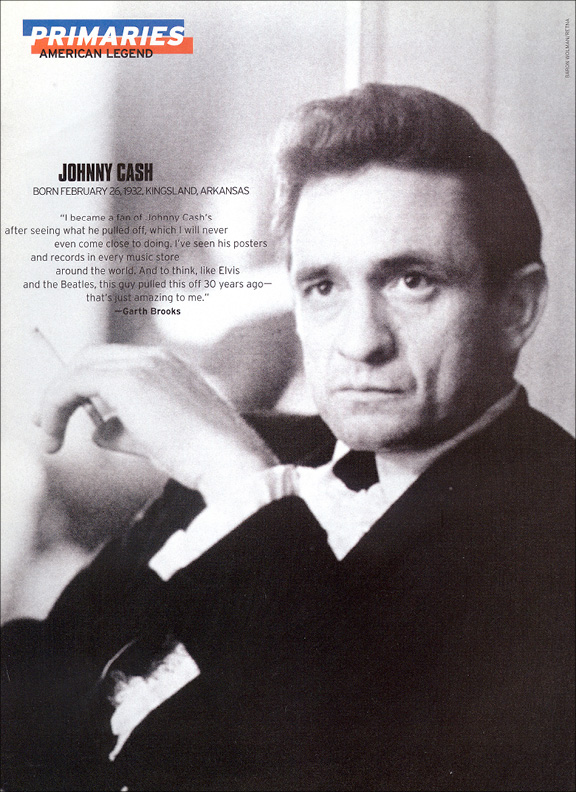 Primaries page: black-and-white Johnny Cash portrait with a Garth Brooks tribute quote.