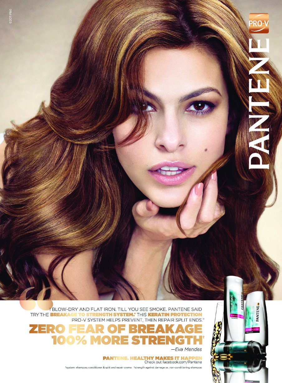 Pantene Pro-V testimonial ad signed by Eva Mendes: "Zero fear of breakage."