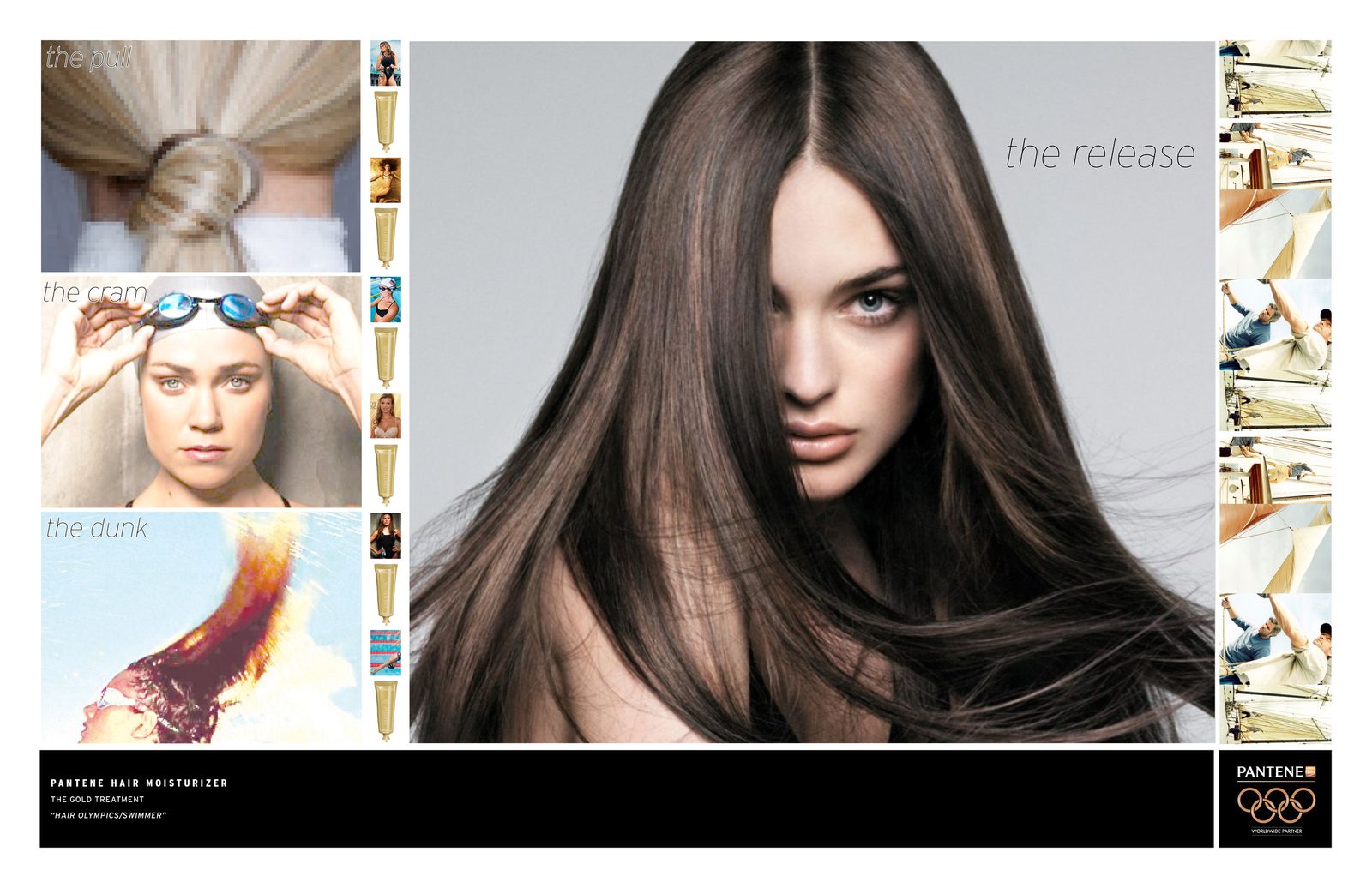 Pantene "The Release" storyboard: swimmer frames leading to loose, shining hair.