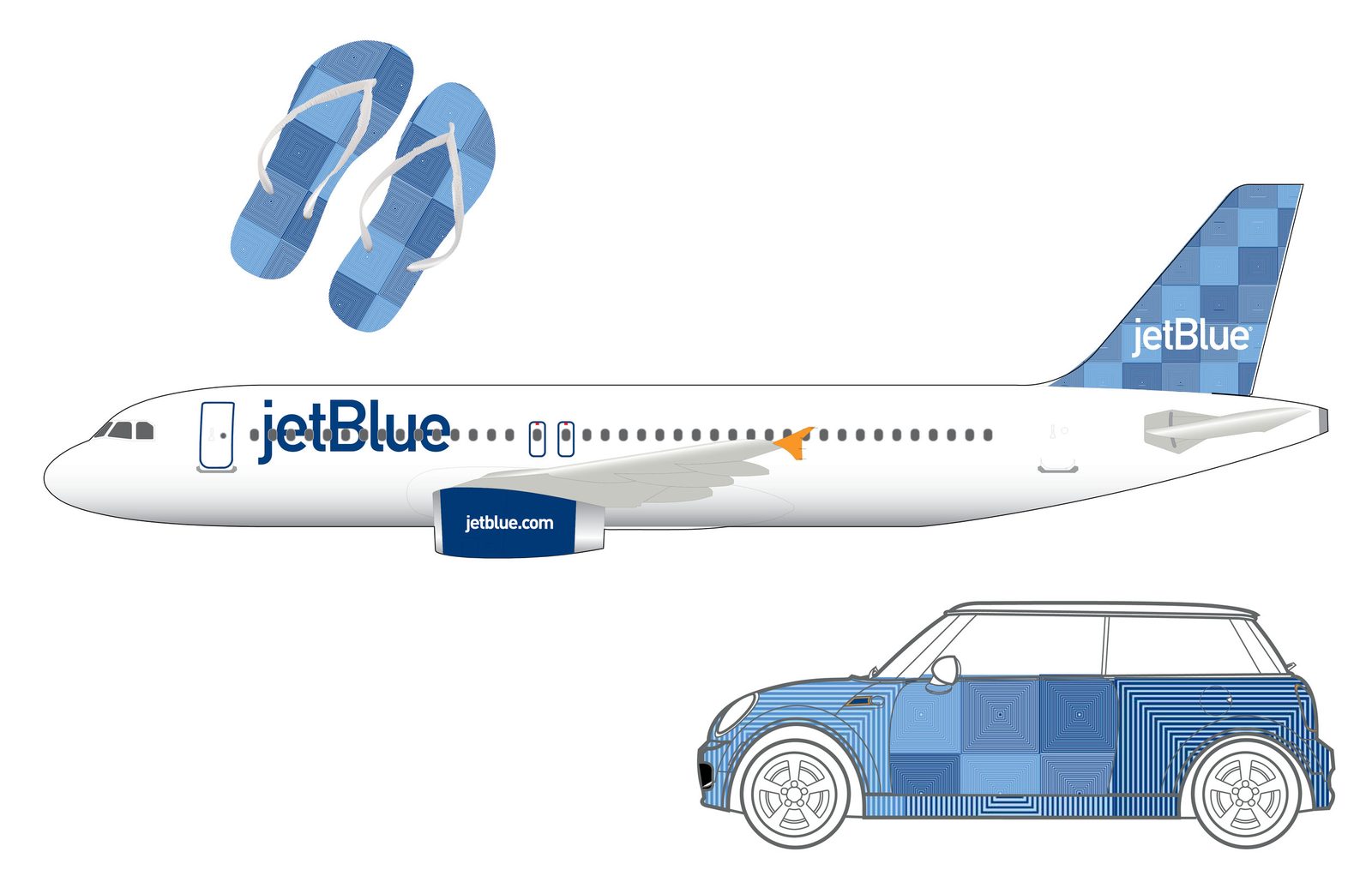 Pattern applied as aircraft tail livery, flip-flops and a patterned Mini Cooper.
