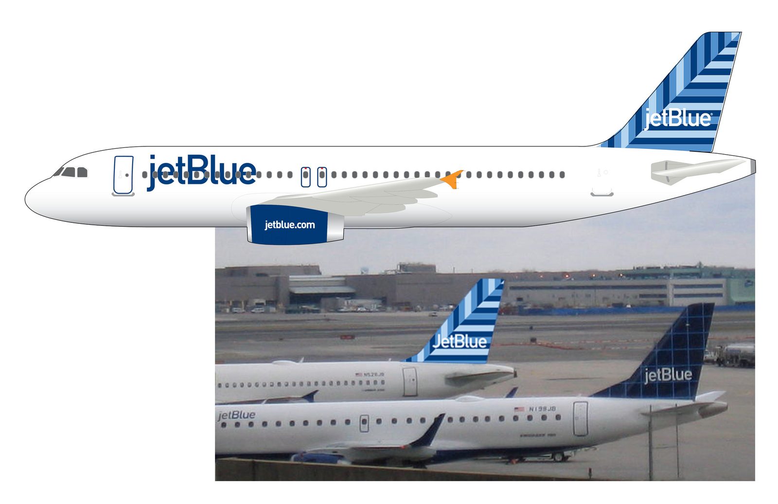 Patterned tail-fin livery mock-up shown above parked aircraft on a tarmac.