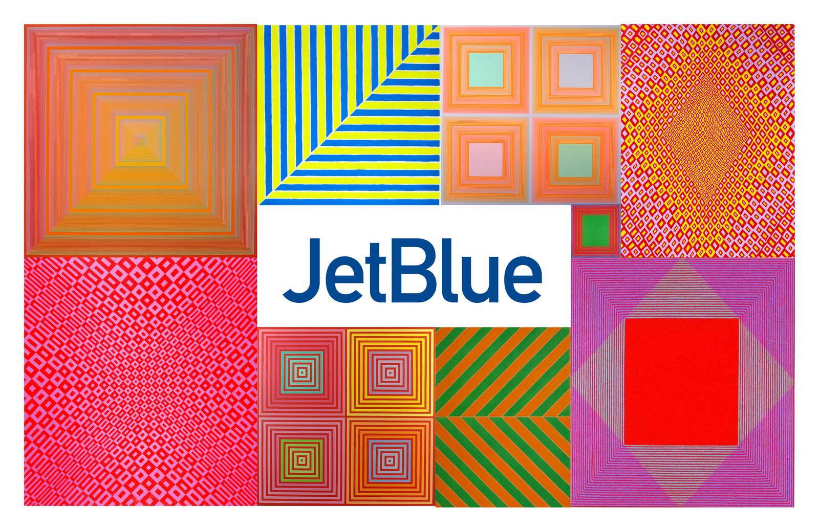 Pattern library board of twelve colourways around a JetBlue wordmark.