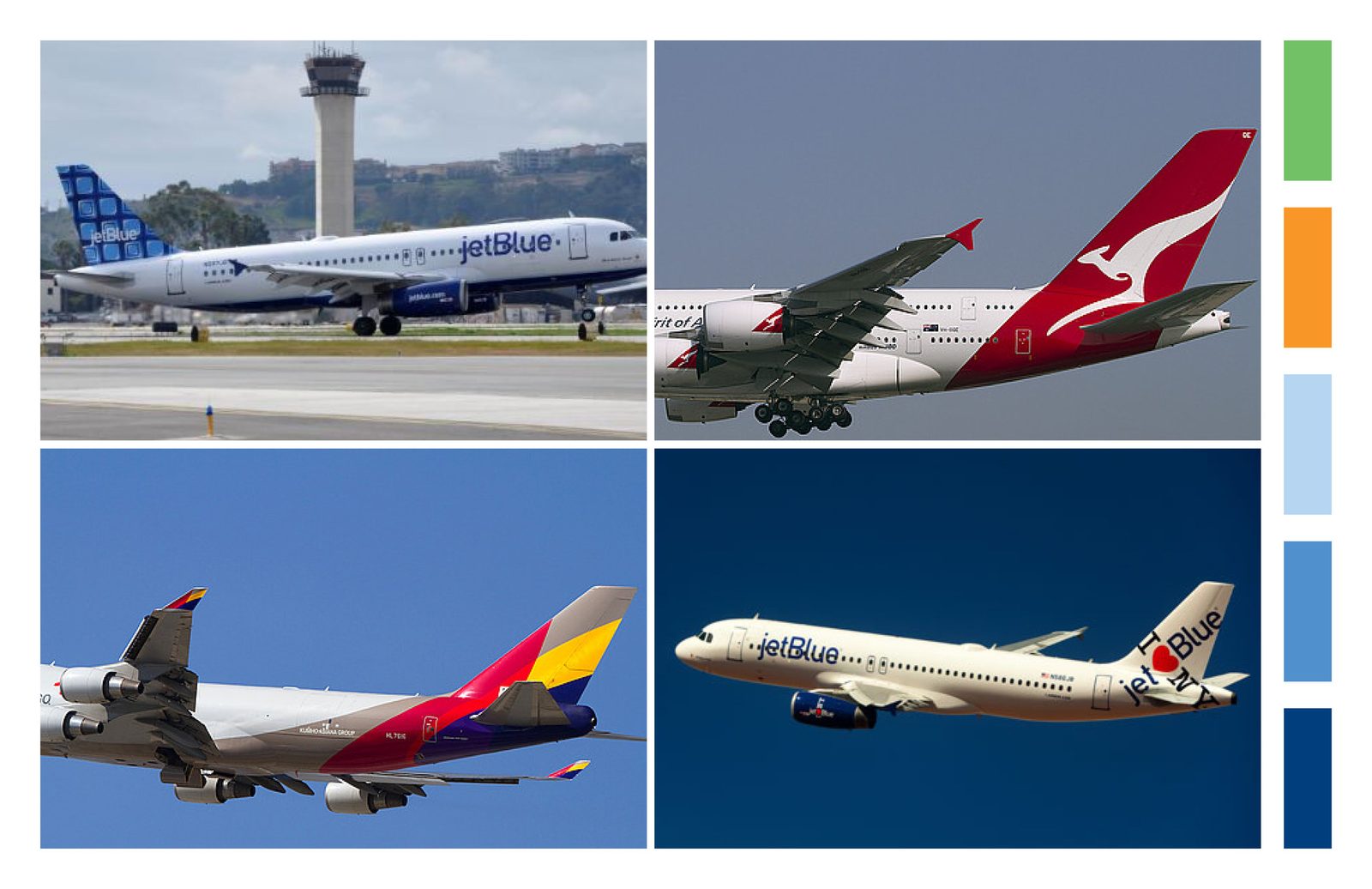 Reference board: four airline tail liveries beside a five-step blue, green and orange palette.