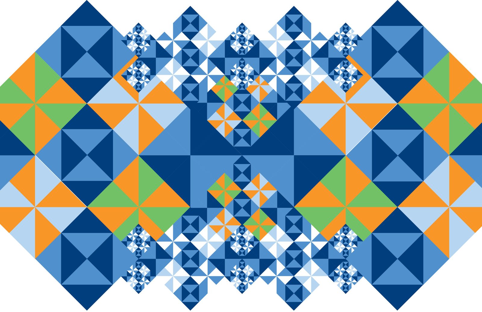 Tail-fin pattern exploration: interlocking blue, orange and green triangles.