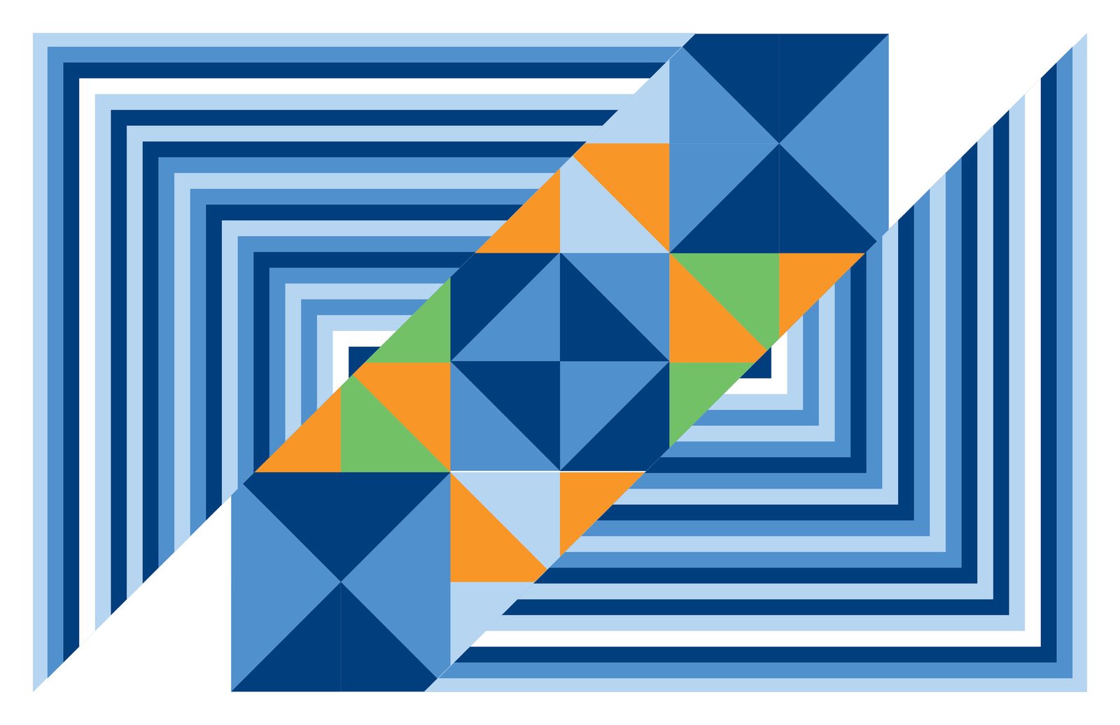 Tail-fin pattern exploration: concentric blue bands meeting a triangle grid.