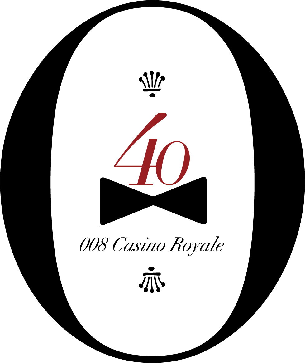 "008 Casino Royale" party mark: a bow tie and red 40 inside a black oval O.