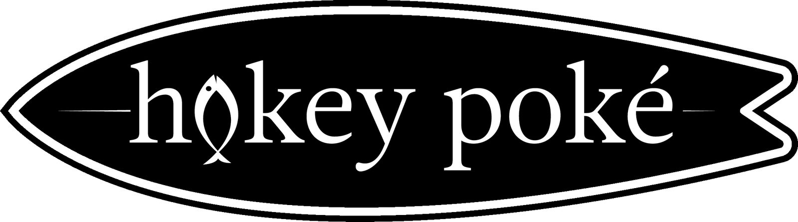 Hokey poké logotype: hooked line lettering inside a pointed board shape
