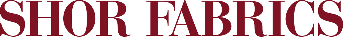 Shor Fabrics wordmark in a dark red condensed serif.