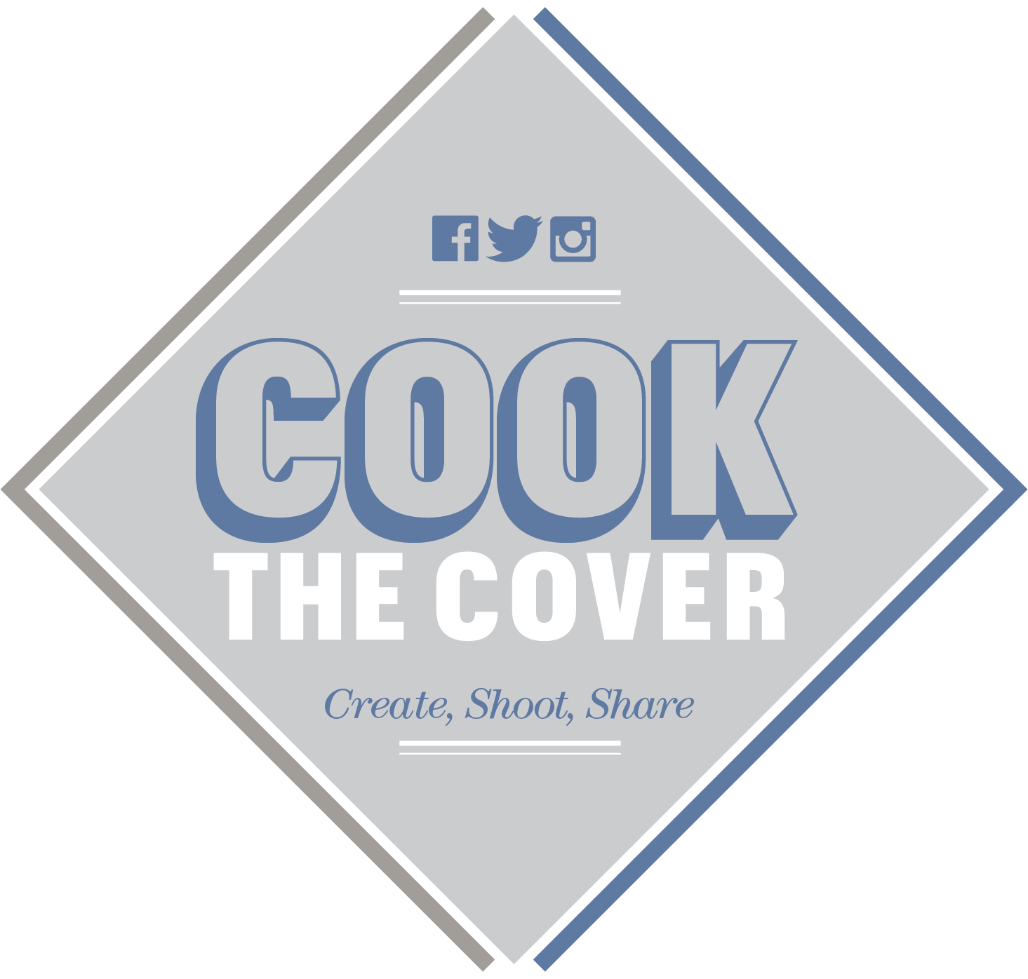 "Cook the Cover - Create, Shoot, Share" diamond badge in blue and grey.