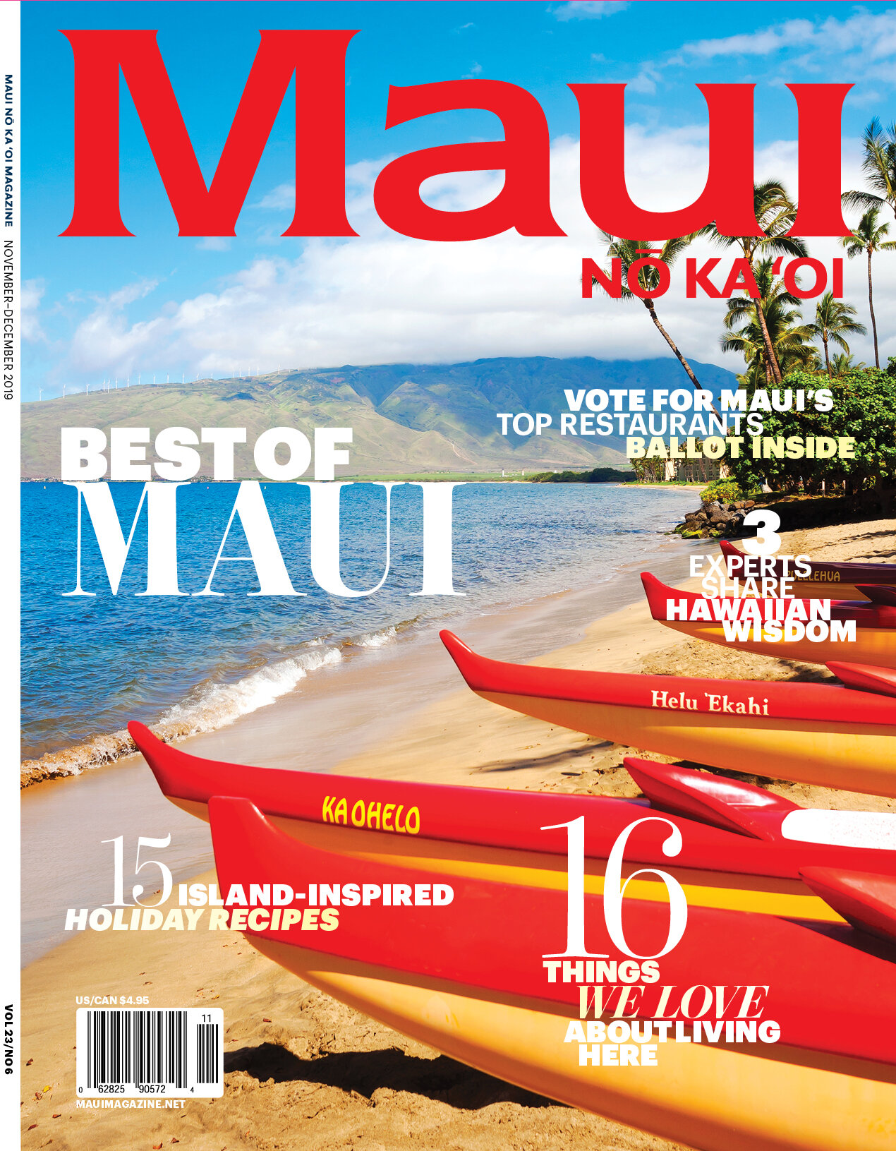 Maui Nō Ka ʻOi "Best of Maui" cover: outrigger canoes on a red-and-white beach.