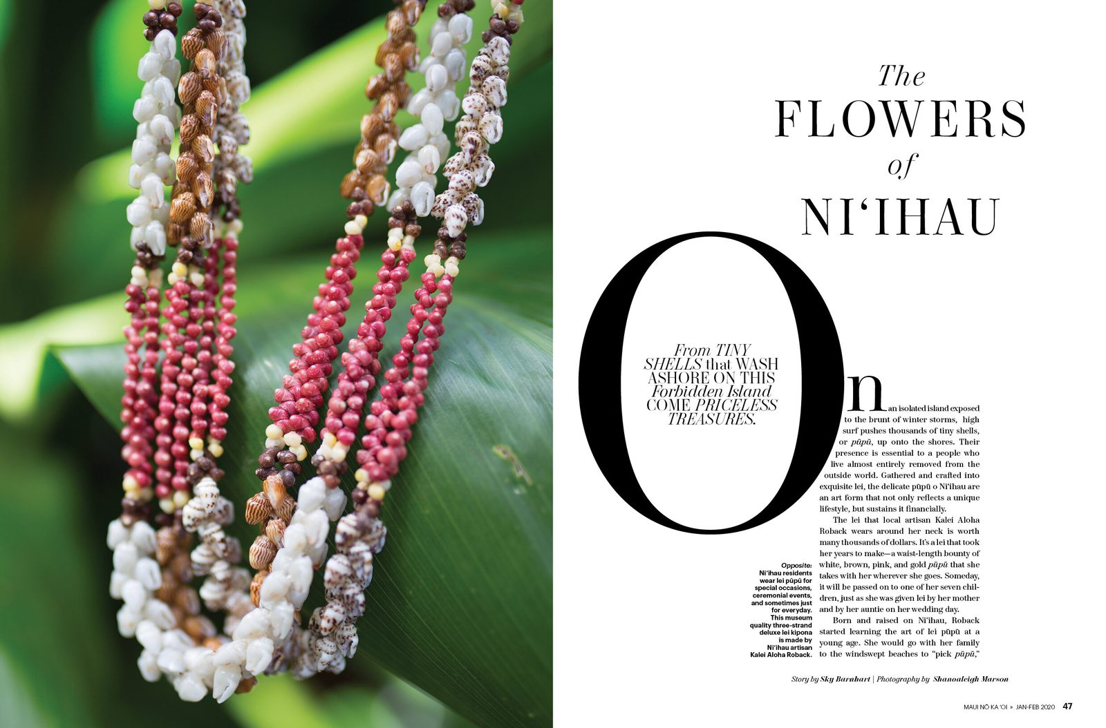 Maui Nō Ka ʻOi feature "The Flowers of Niʻihau": shell lei still life with drop cap.
