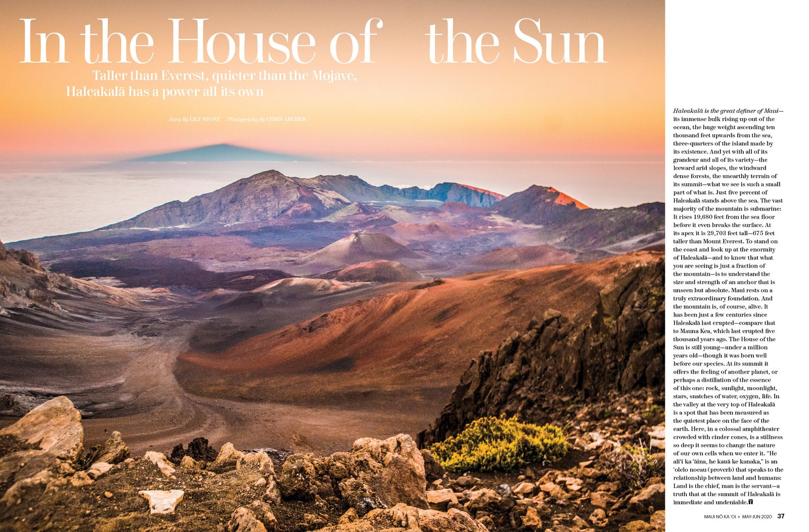 Maui Nō Ka ʻOi feature "In the House of the Sun": full-bleed Haleakalā crater at dawn.