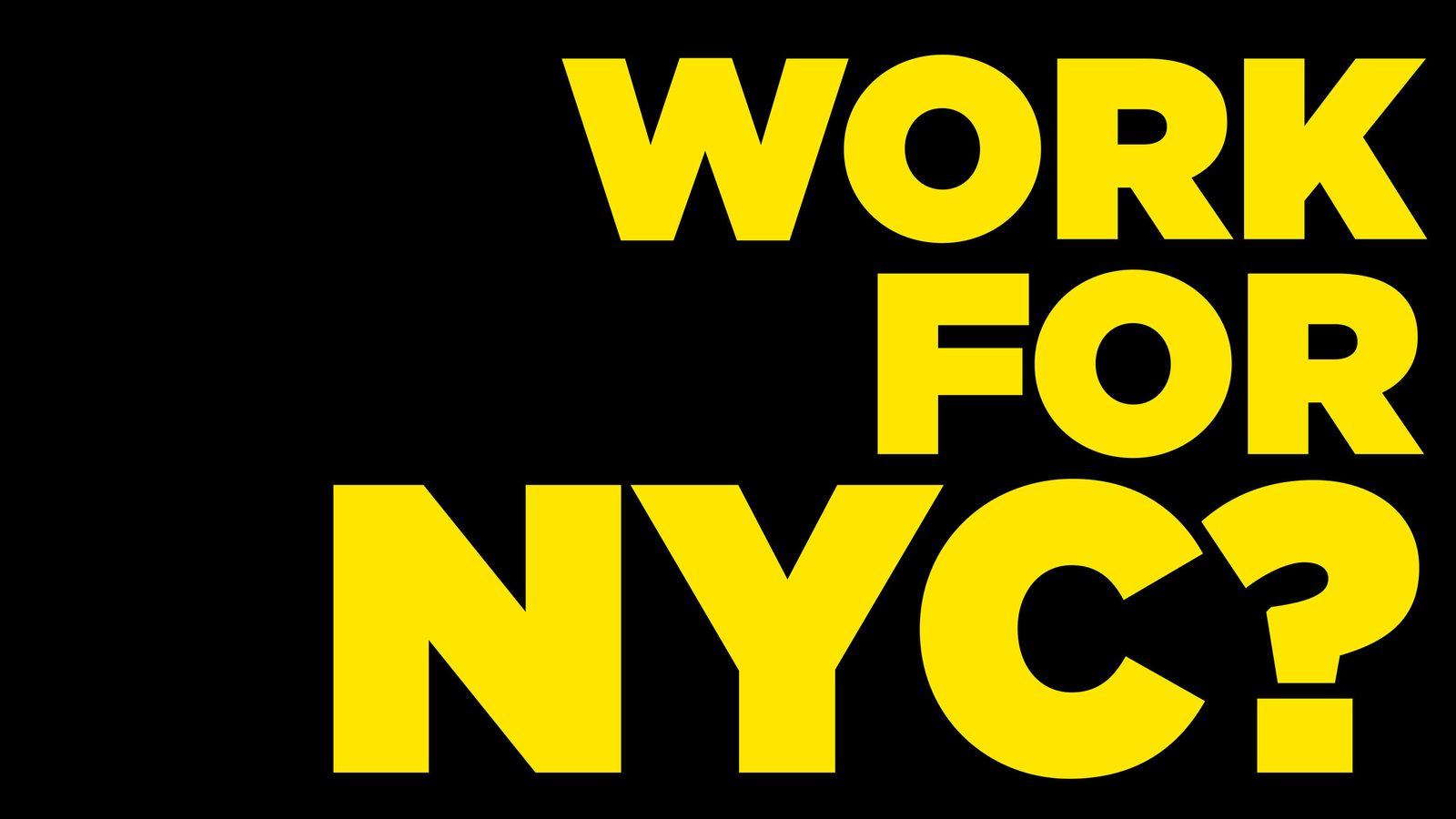 MetroPlusHealth broadcast frame: "Work for NYC?" in yellow type on black.