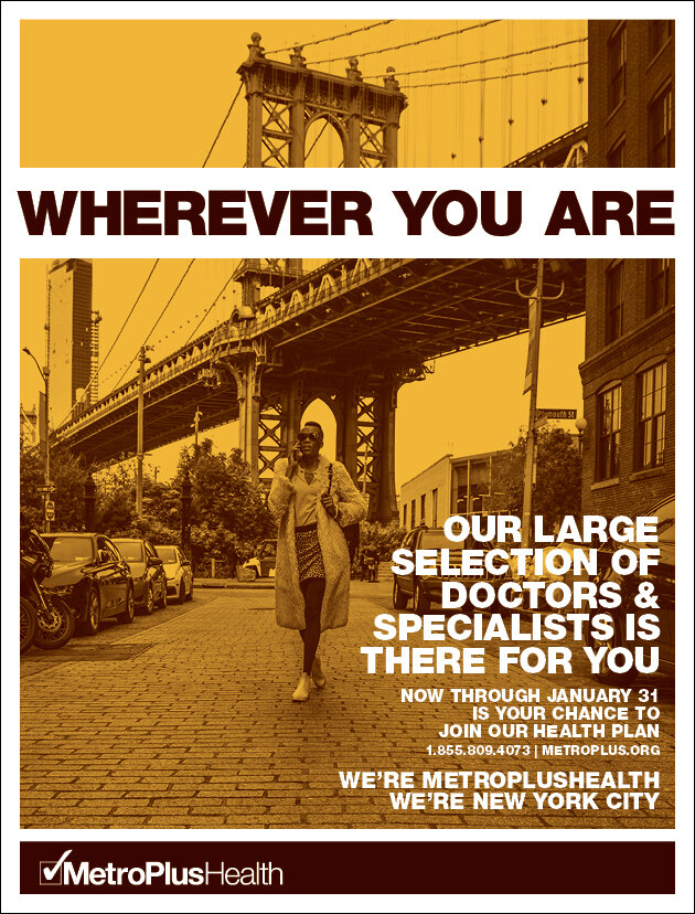 MetroPlusHealth ad "Wherever you are": Manhattan Bridge duotone in orange.