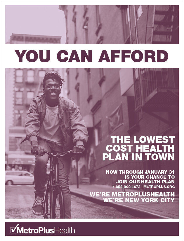 "You Can Afford" ad in plum duotone: a cyclist riding up a tenement street.