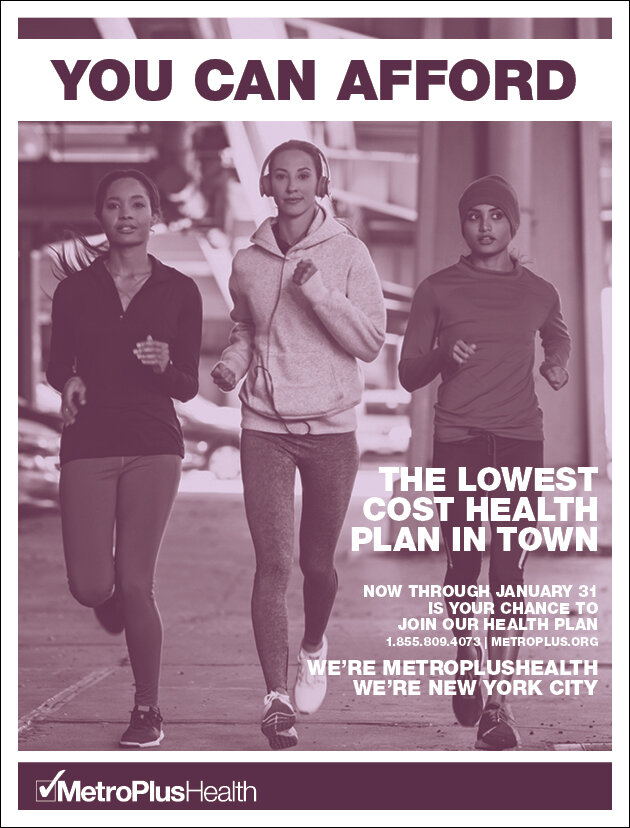 "You Can Afford" ad in plum duotone: three women running under an overpass.