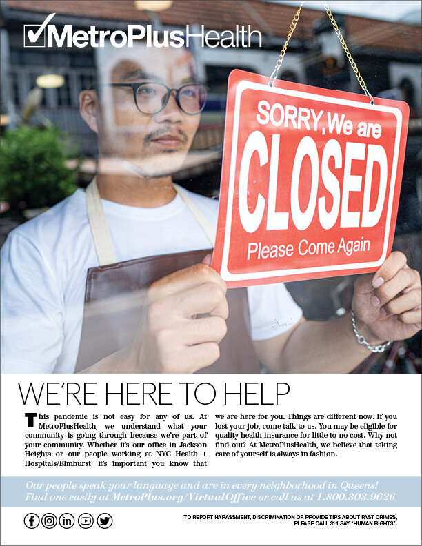 MetroPlusHealth ad "We’re here to help": shopkeeper hanging a Closed sign.
