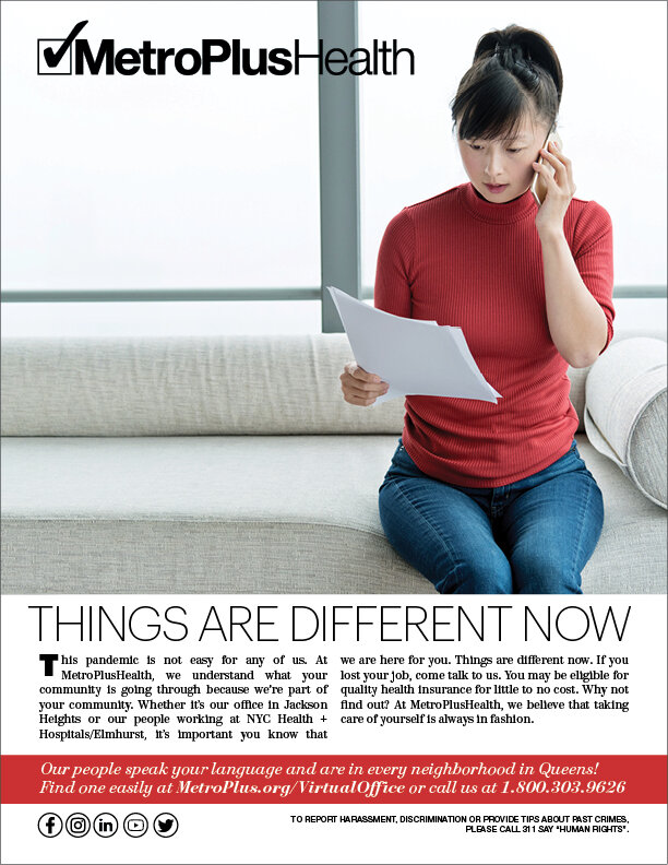 MetroPlusHealth ad "Things are different now": woman reading a letter at home.