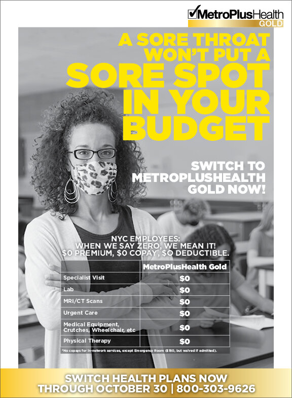 MetroPlusHealth Gold ad on a sore-throat line with a zero-cost benefits table.