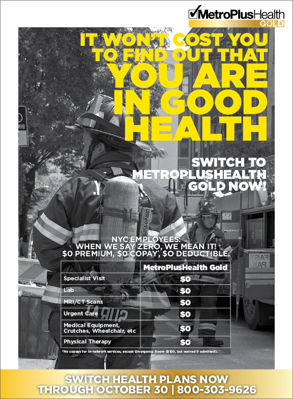 MetroPlusHealth Gold ad "You are in good health", yellow display type over photography.