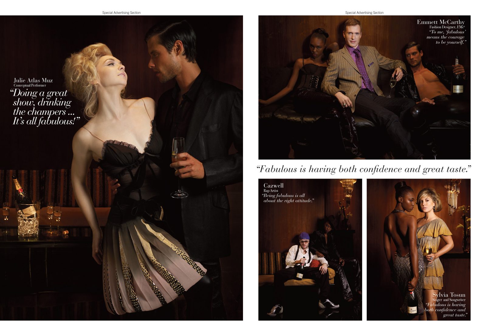 "What is fabulous?" spread: four portraits with pull quotes set in italic serif.