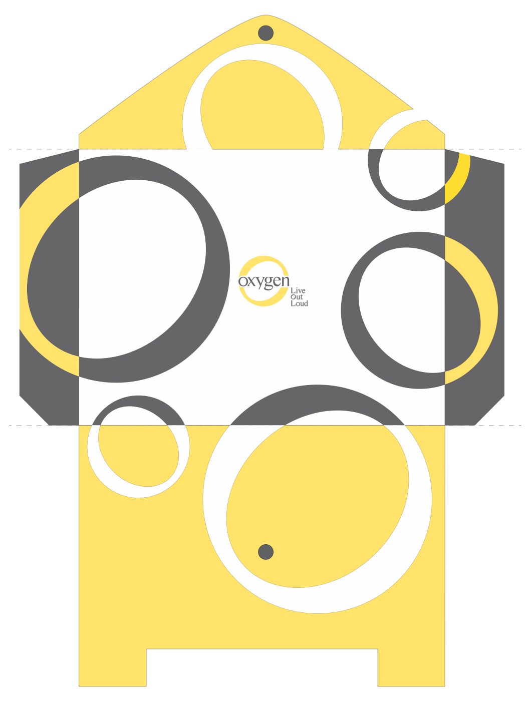 A folder template covered in large interlocking yellow and charcoal circles around a small central Oxygen mark.