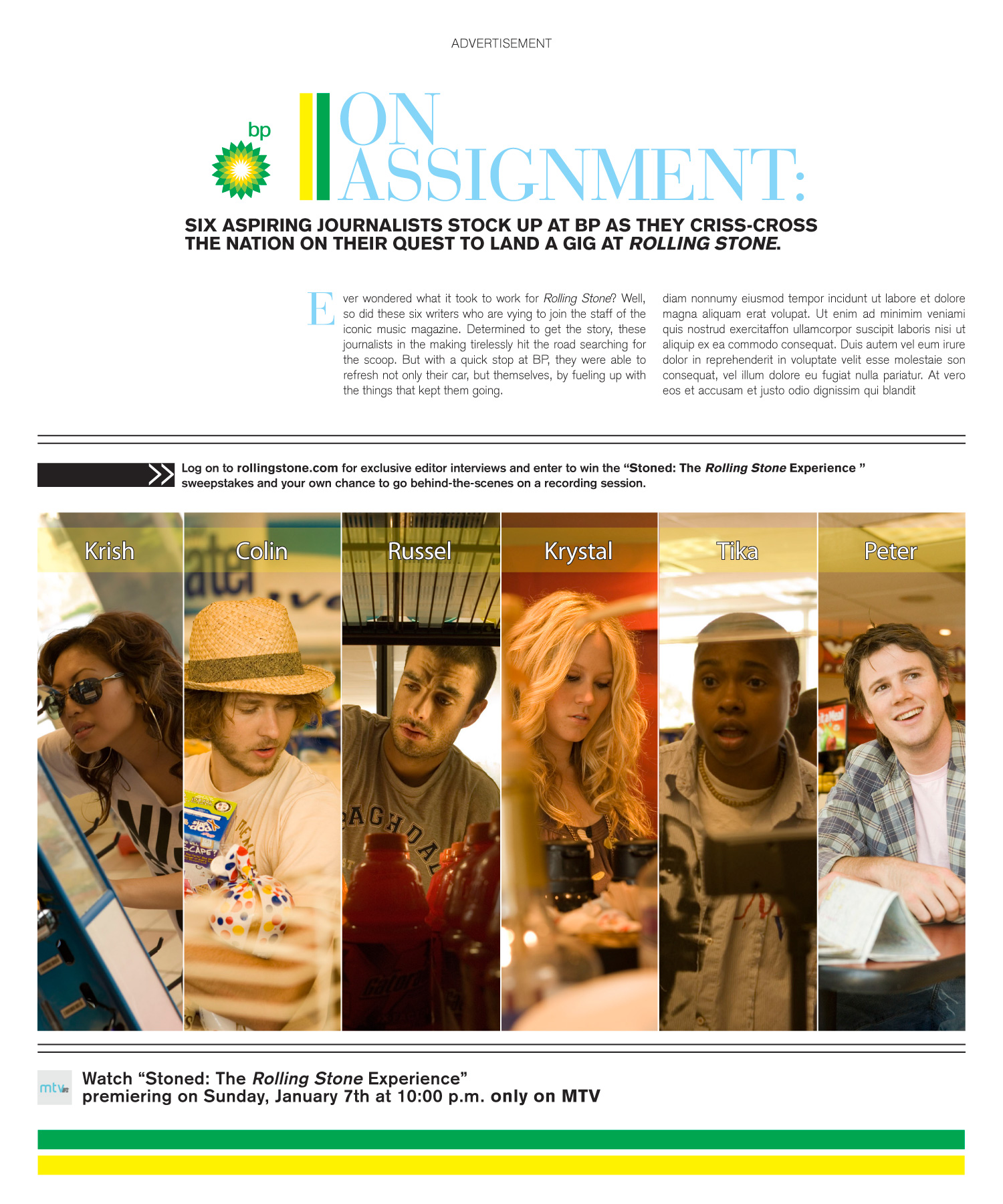 "On Assignment" BP advertorial: six aspiring Rolling Stone writers in colour-blocked panels.