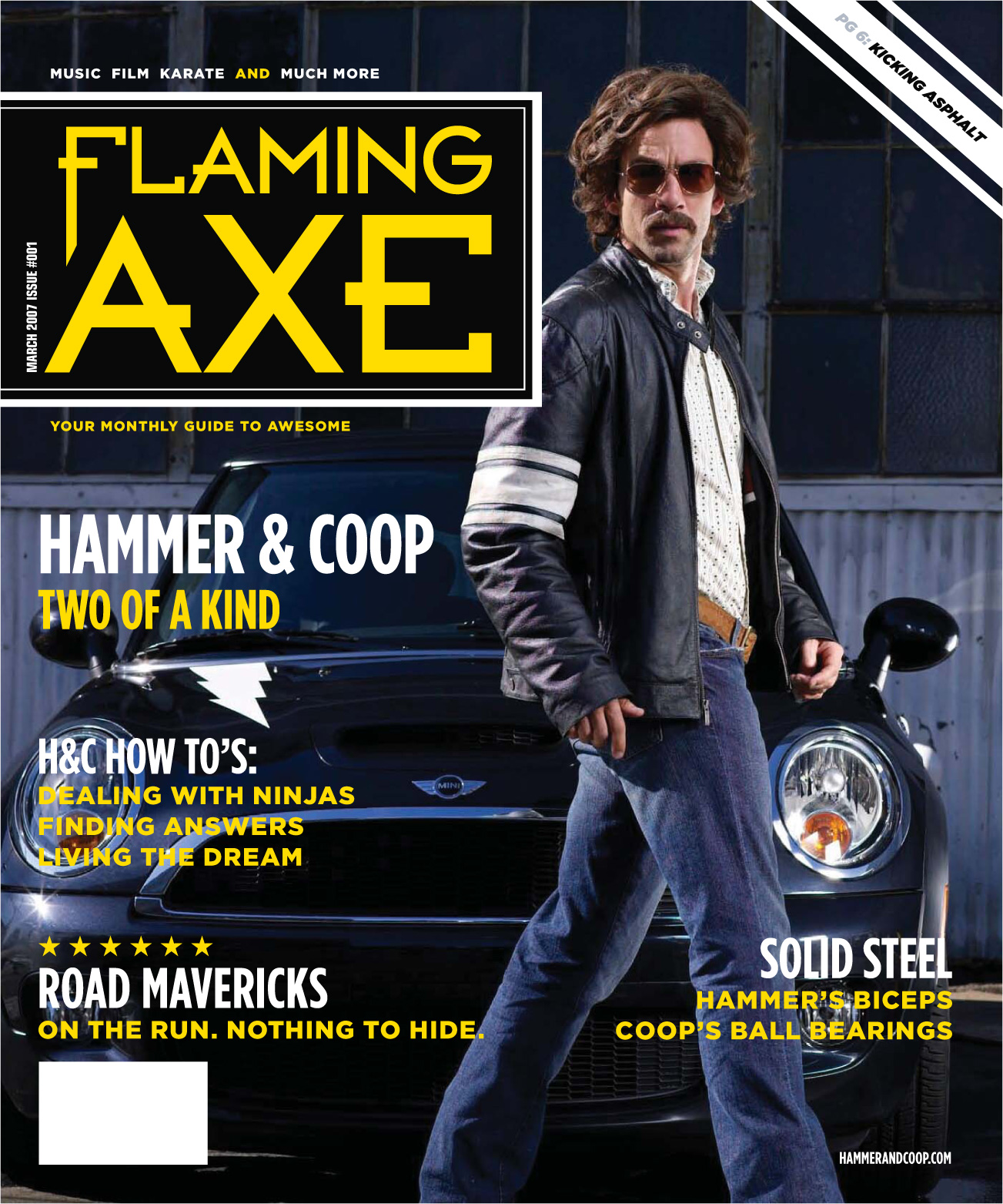 "Flaming Axe" mock magazine cover: a man in a leather jacket beside a black MINI Cooper.