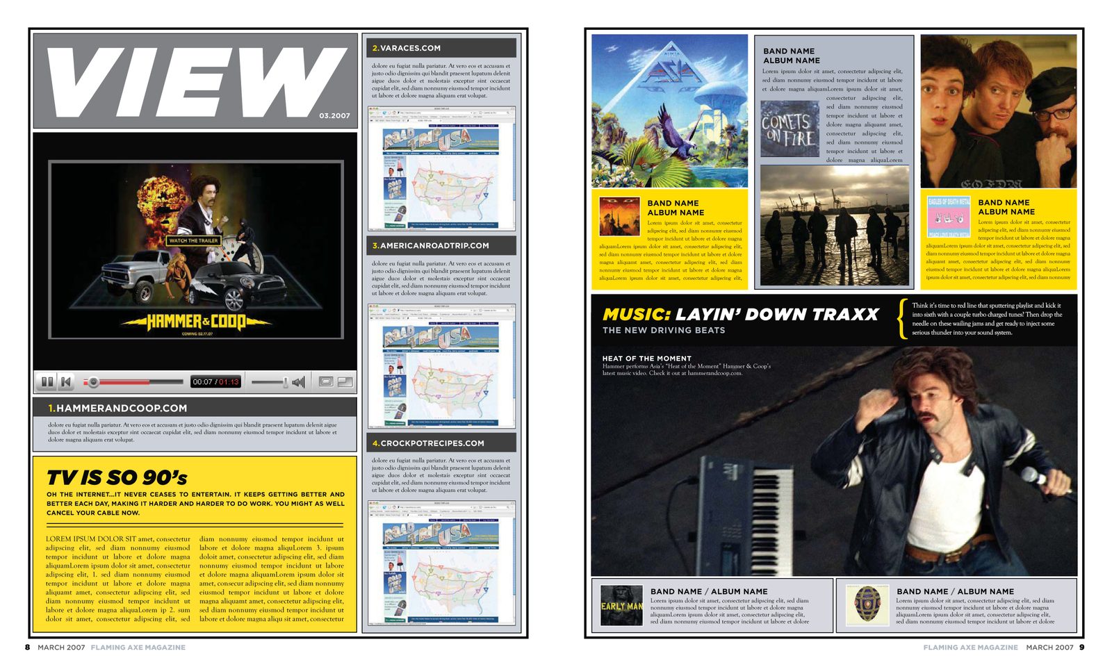 "View" and "Music" mock spreads: website screens, album squares and a singer at a keyboard.