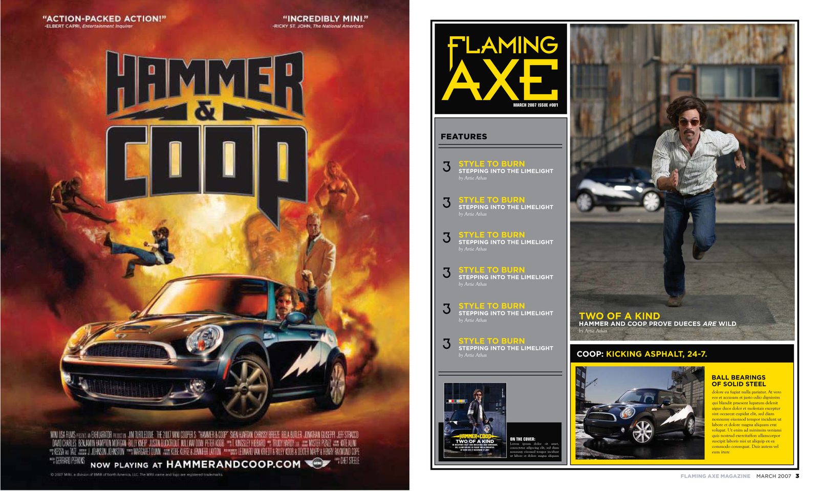 Hammer & Coop film poster facing the mock magazine's contents page.