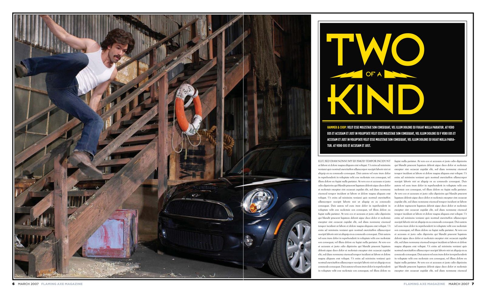 "Two of a Kind" mock feature: a man leaping down a staircase above a parked MINI Cooper.