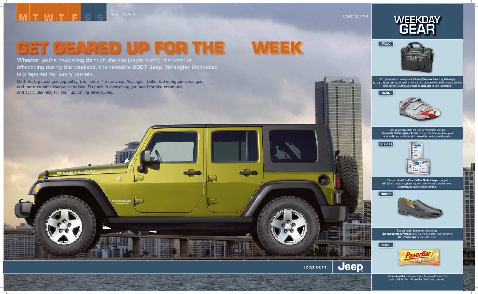 "Get Geared Up for the Week" Jeep advertorial: a green Wrangler Unlimited against a city skyline.