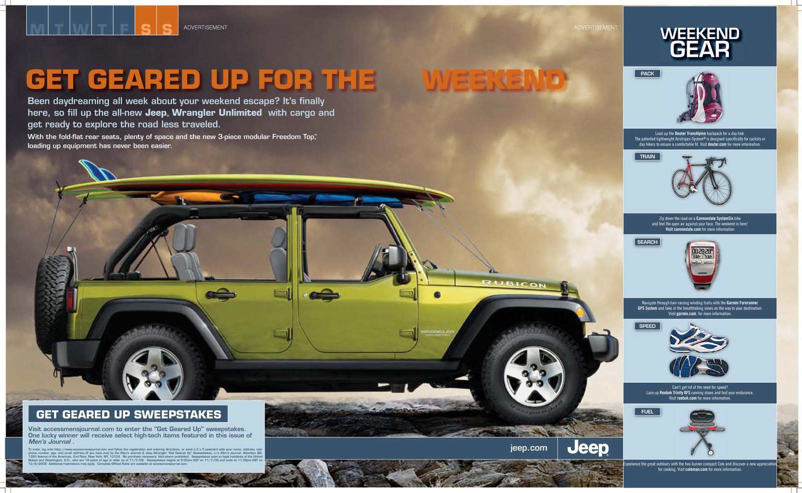 "Get Geared Up for the Weekend" Jeep advertorial: the same Wrangler loaded with a surfboard.