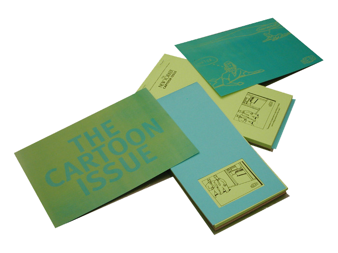 The Cartoon Issue mailing kit: green and blue folders and booklets fanned out.